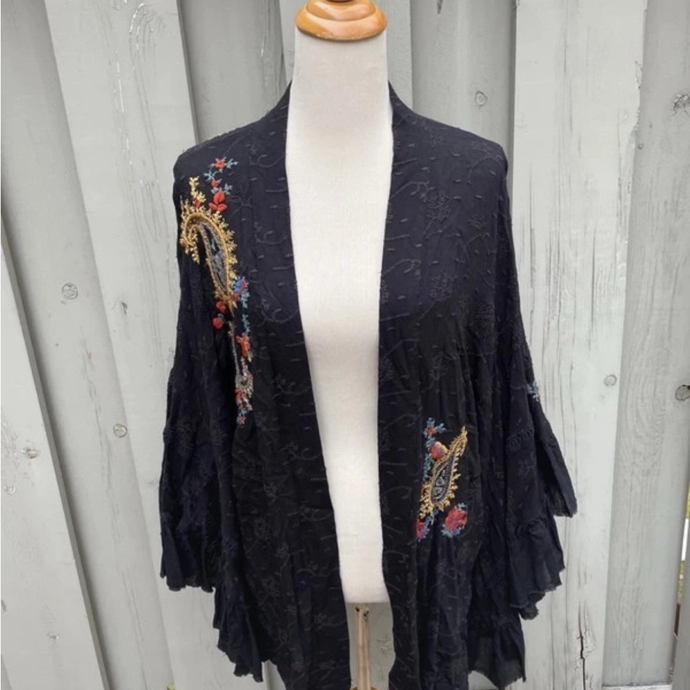 Free People Black Embroidered Open-Front Cape